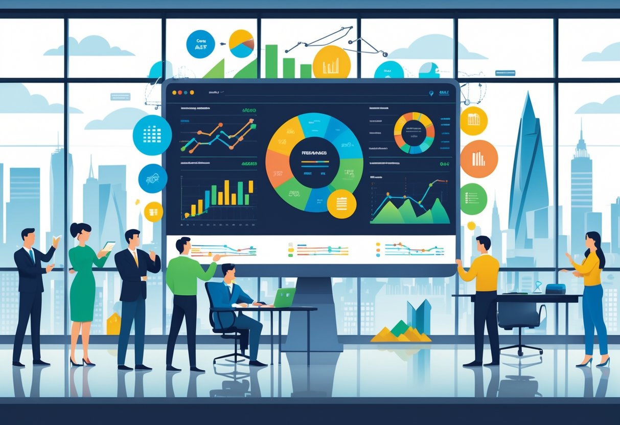 Office scene showing professionals working with animated financial charts and graphs on a large digital screen, with a city skyline visible through windows.