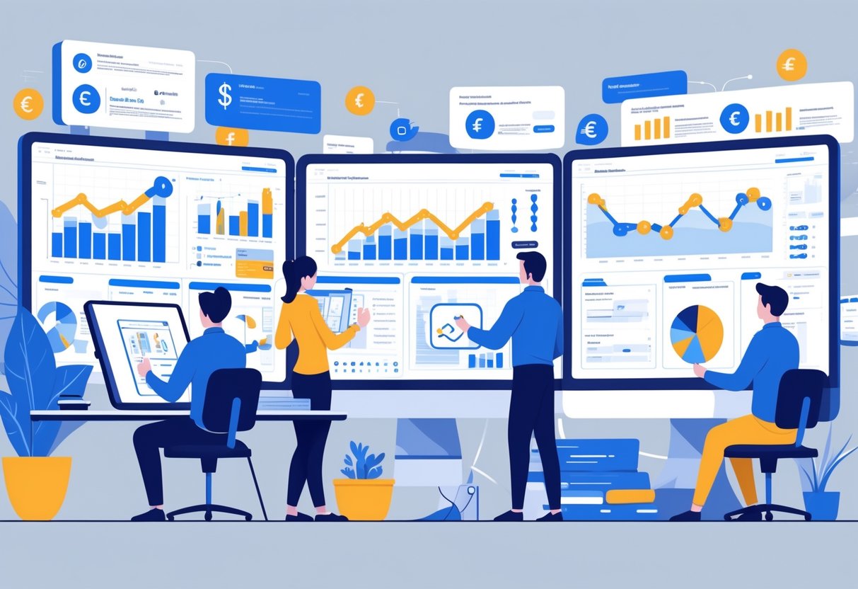 A team of professionals working together in a studio with digital screens showing financial charts and animations related to UK financial services.