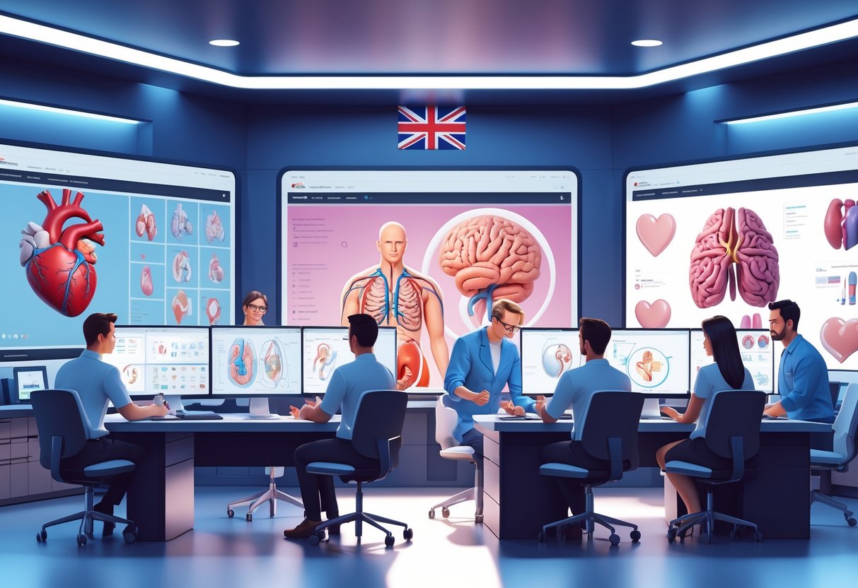 A modern medical animation studio in the UK with professionals working on 3D animations of human anatomy on computer screens.