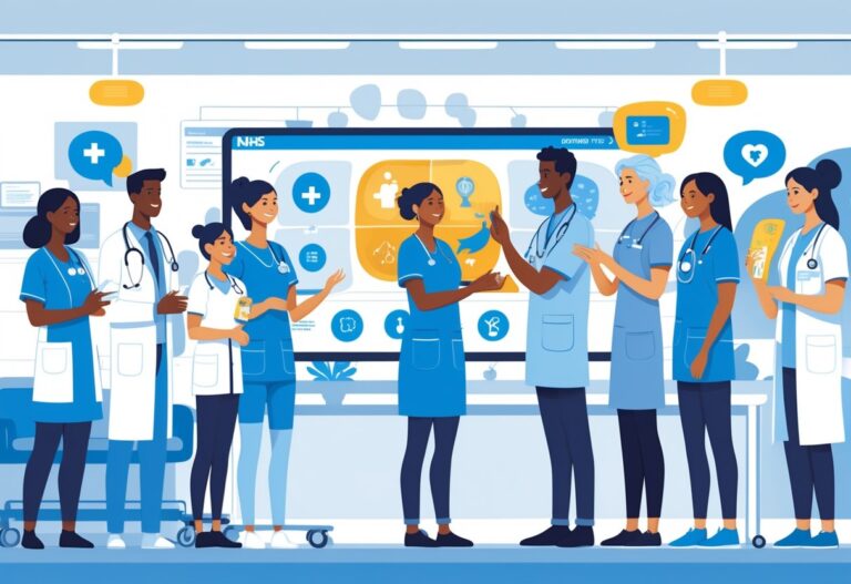 Healthcare professionals and patients interacting with animated digital screens in a modern NHS setting.
