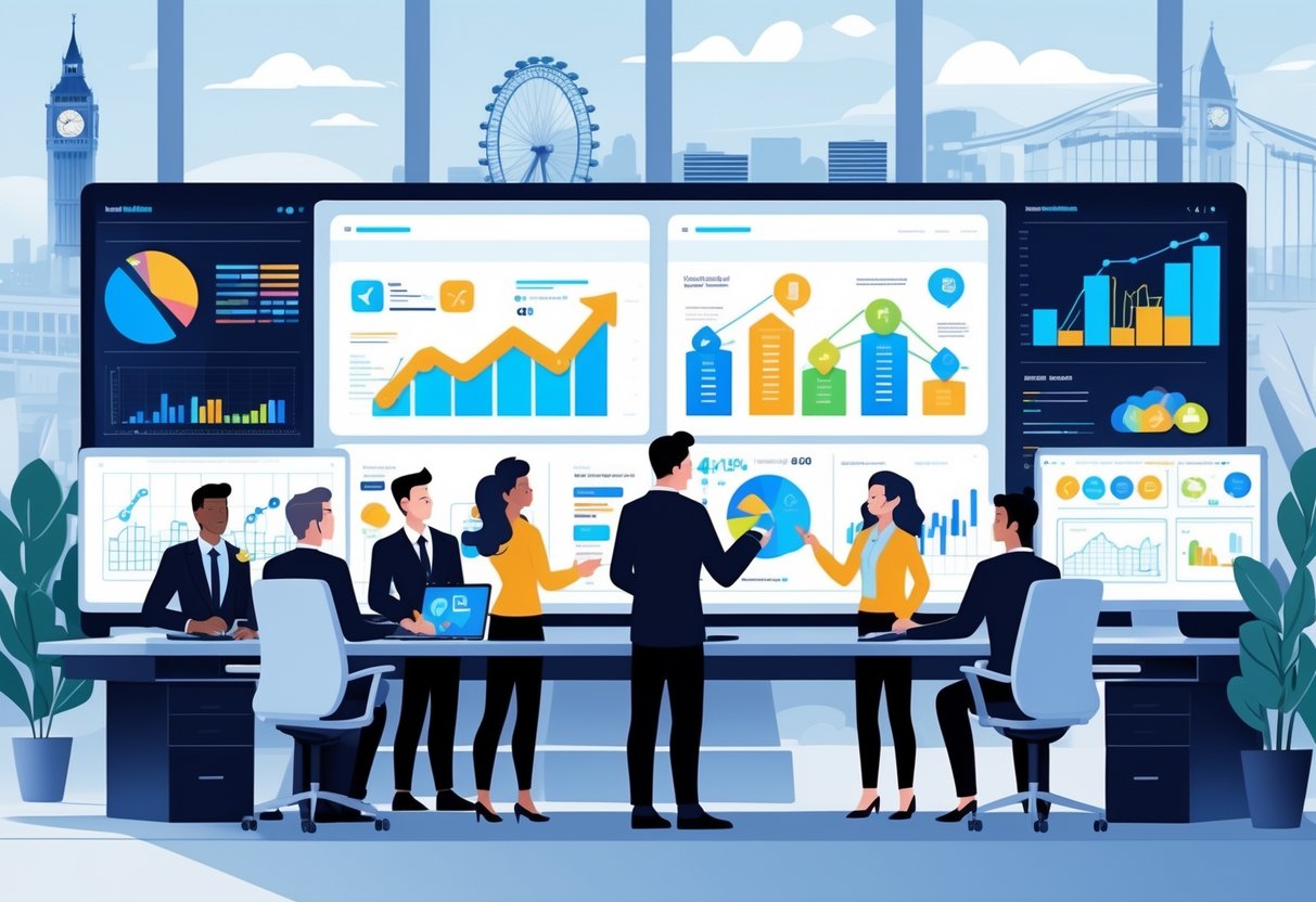 A team of professionals working together in an office with digital screens showing financial charts and animations, with UK landmarks visible outside the windows.