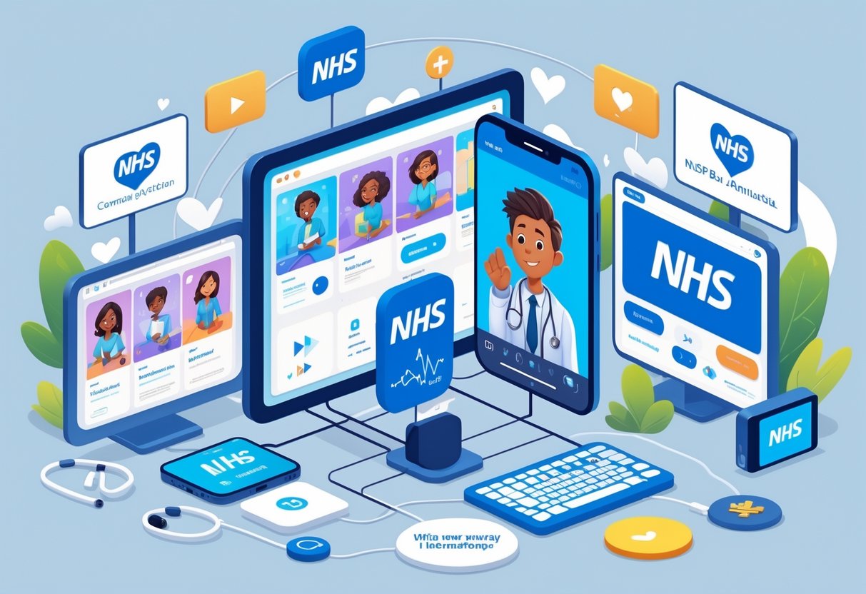 Illustration showing a central screen with NHS animation surrounded by devices like smartphone, computer, TV, social media icons, and a digital billboard representing distribution channels for NHS healthcare communications.
