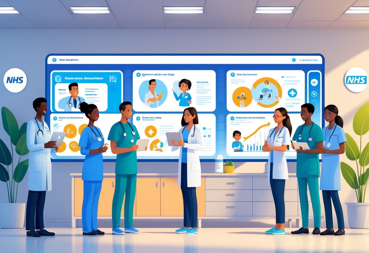 Healthcare professionals viewing animated digital screens with health-related graphics in a modern NHS setting.