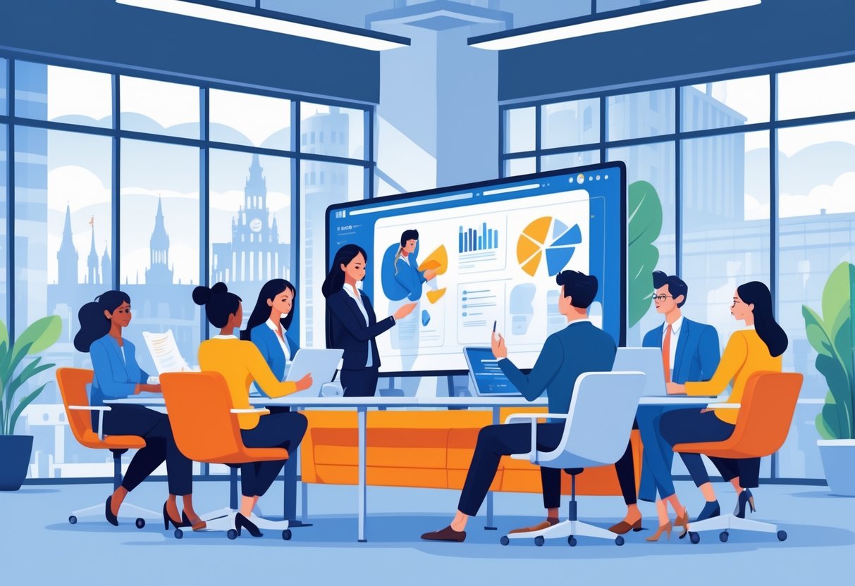 A group of employees watching an onboarding animation together in a modern UK office with a cityscape visible through the windows.