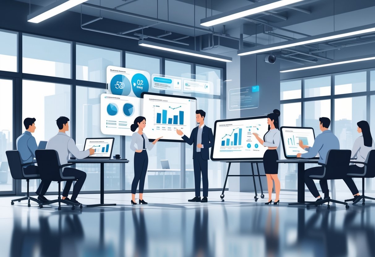 A group of employees in a modern office participating in a corporate training session using digital devices and interactive screens.