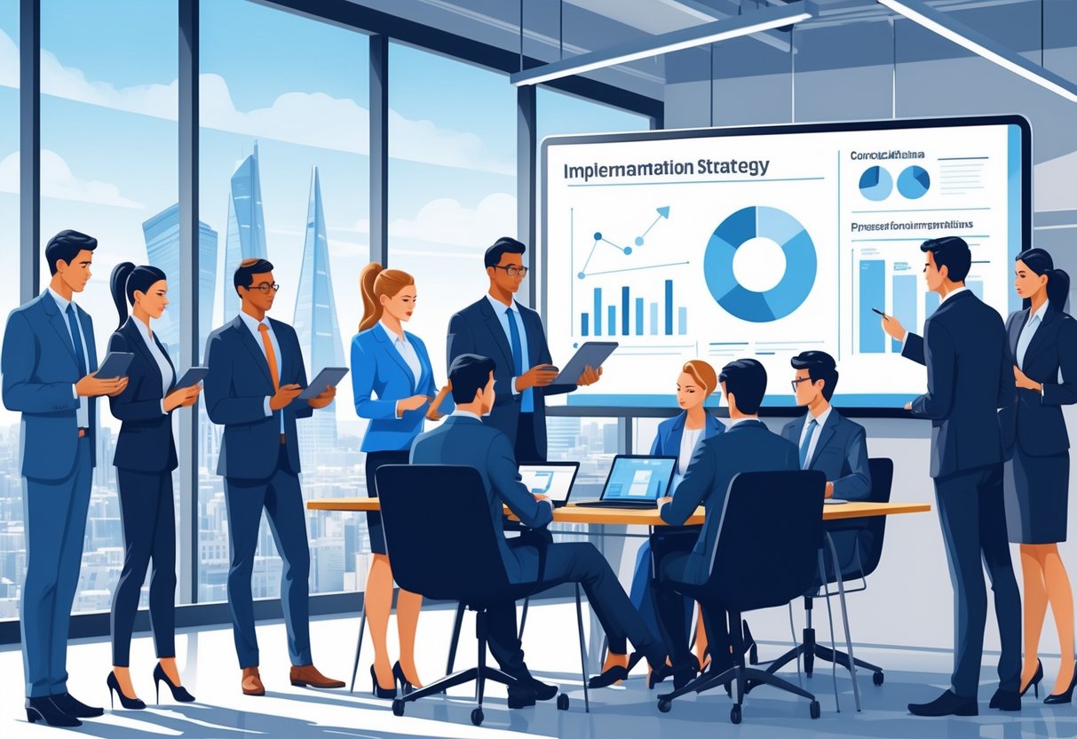 A group of business professionals in an office participating in a corporate training session with digital devices and a presenter showing charts on a screen.