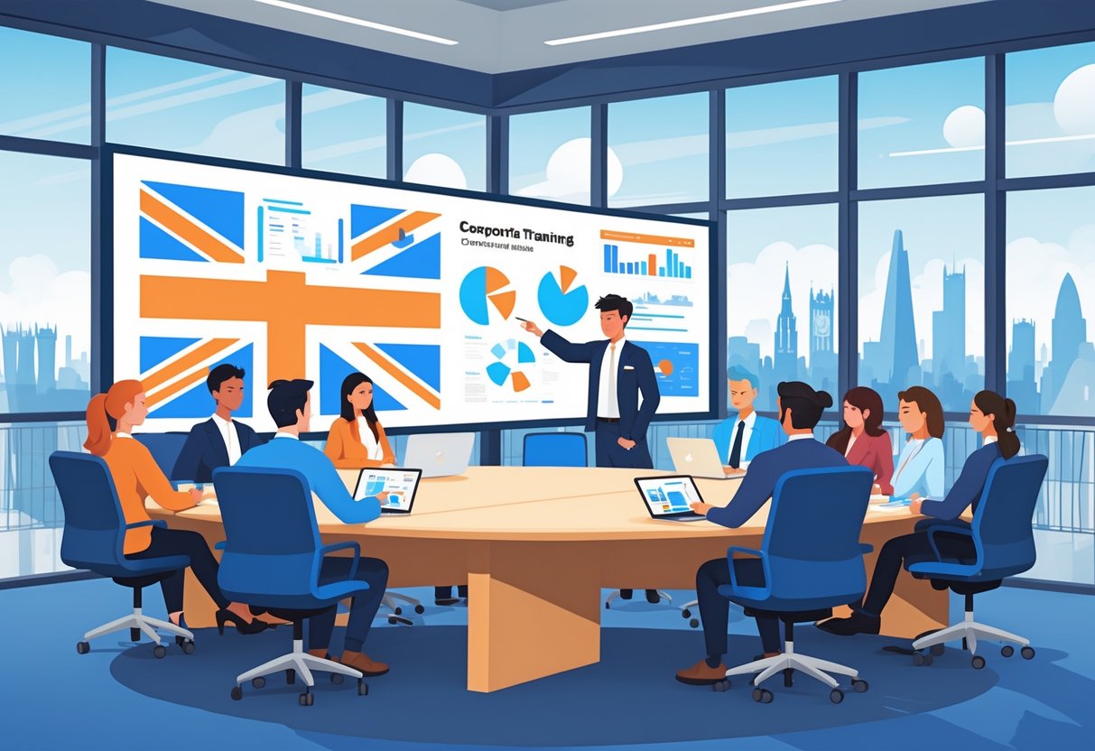 A group of employees in a modern office attending a corporate training session with a trainer presenting animated charts on a large screen, with a UK city skyline visible through the windows.