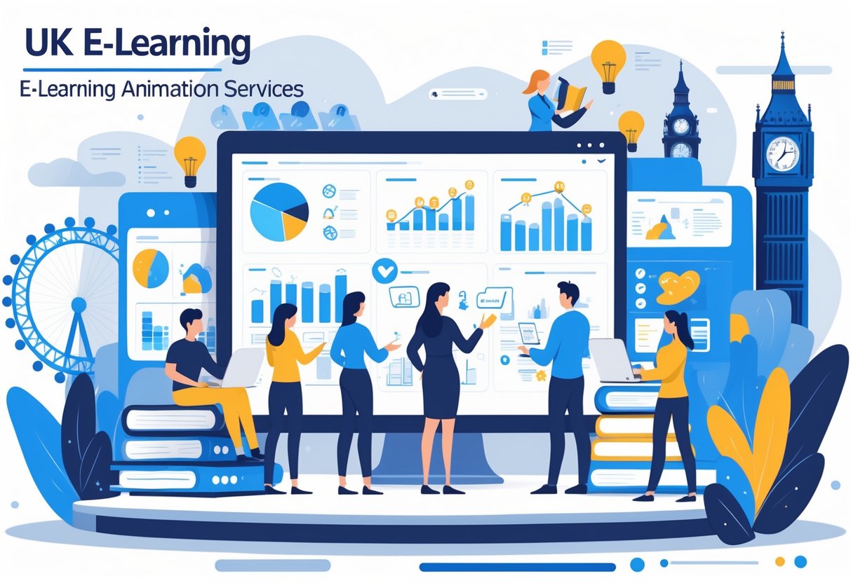 A group of professionals working together around a large interactive screen displaying animated educational graphics with UK landmarks in the background.