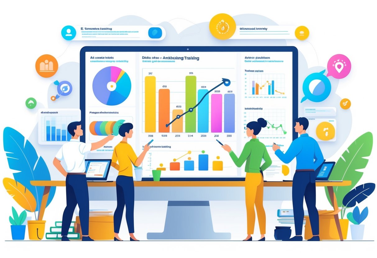 A group of professionals in an office reviewing animated charts and graphs on a large digital screen to evaluate training effectiveness.