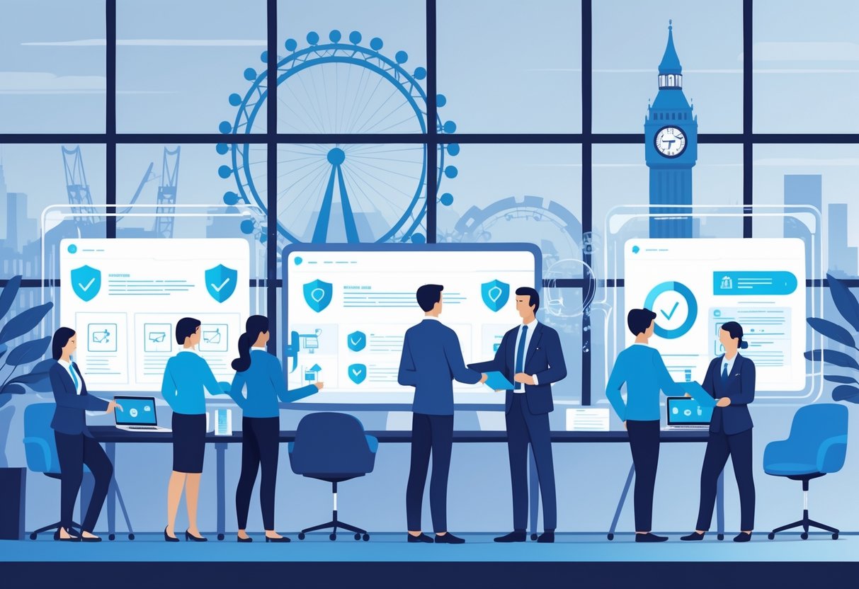 A group of professionals interacting with futuristic digital screens showing compliance symbols in a modern office with UK landmarks visible outside the windows.