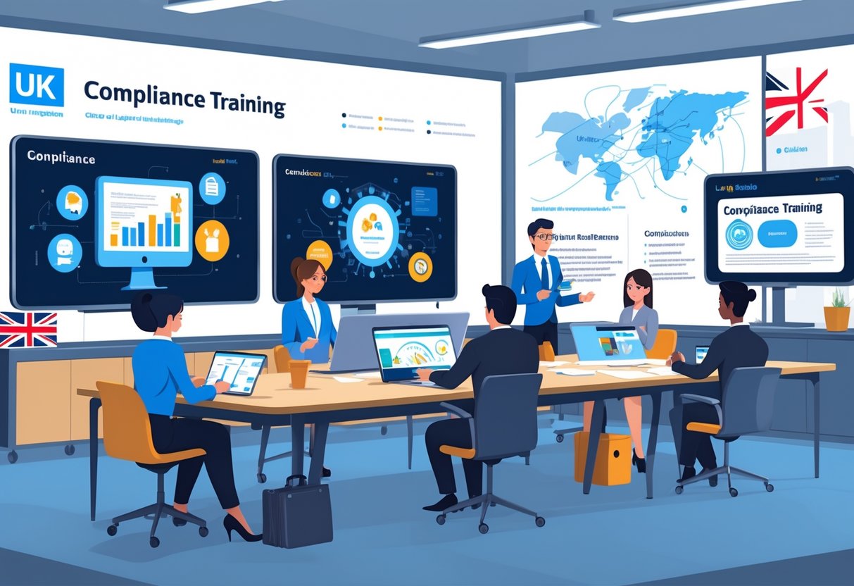 A group of diverse employees in an office engaging with animated digital content about compliance training, with UK-themed elements in the background.