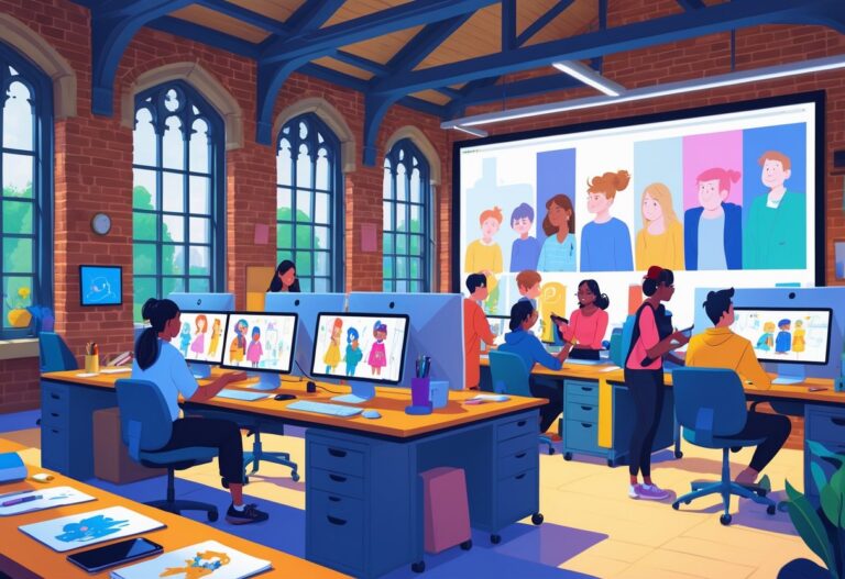 A university animation studio in the UK with students and staff working together on animation projects using computers and drawing tools.