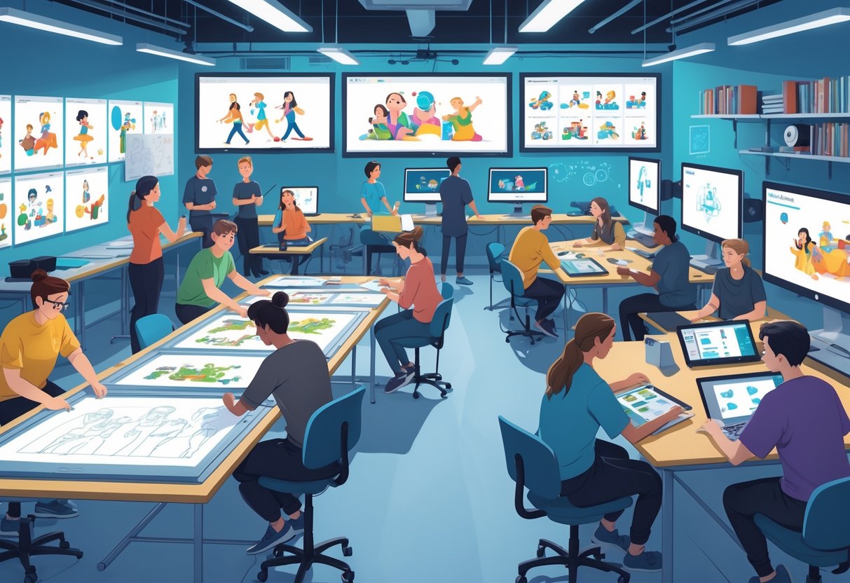 Students working together in a university animation studio using computers, drawing tablets, and traditional sketching tools.