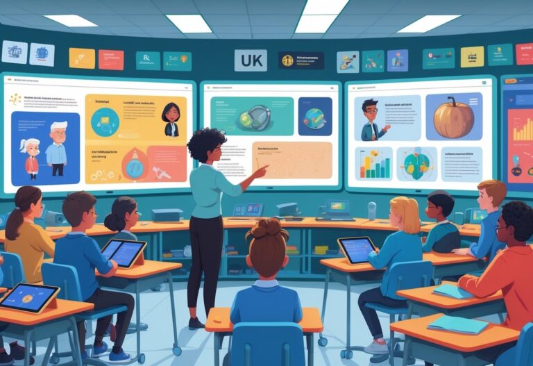 A classroom with students and a teacher interacting with animated educational content on digital screens, showing various animation styles and modern learning technology.