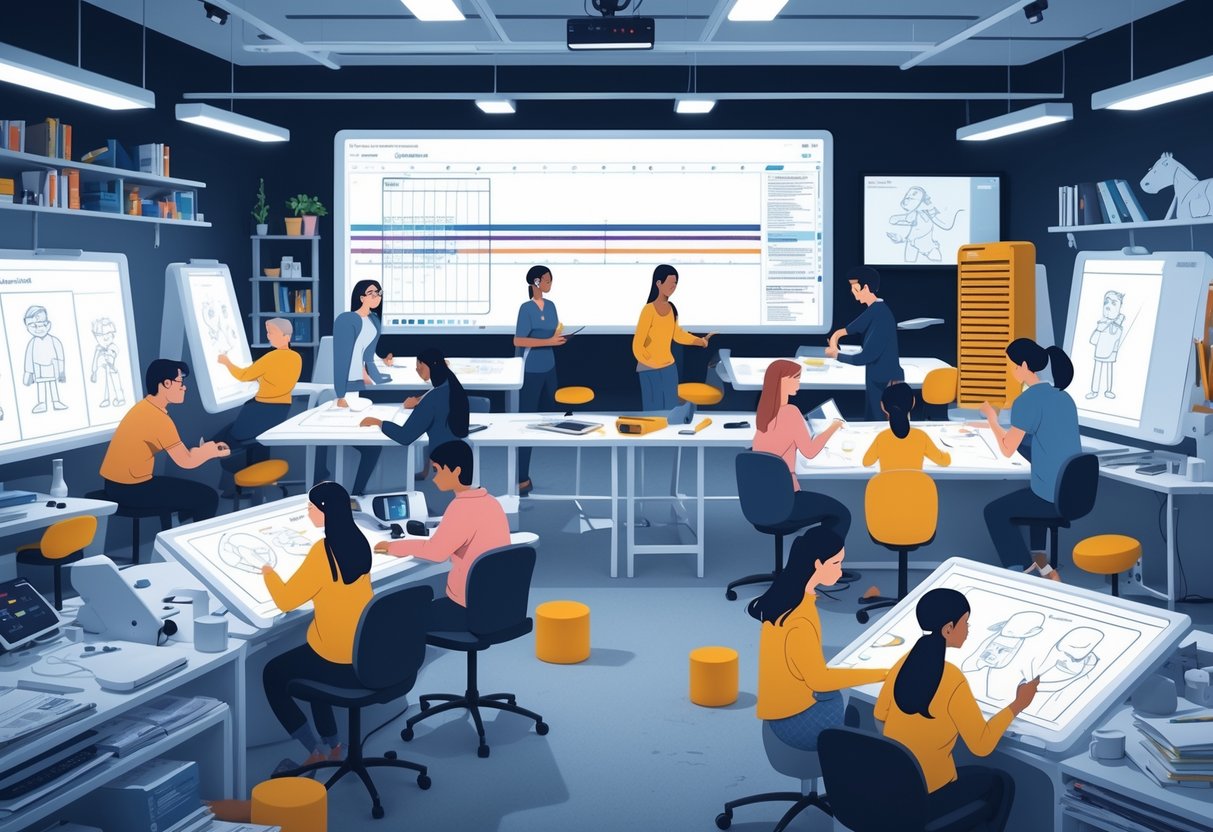 A university animation studio with students and instructors working on animation projects using digital tablets, storyboards, and computers.