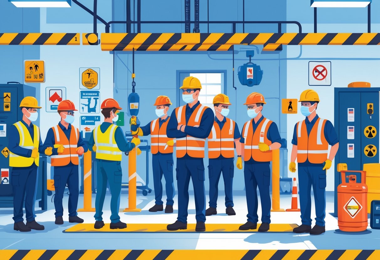 Workers in a UK industrial site wearing safety gear and following health and safety procedures.