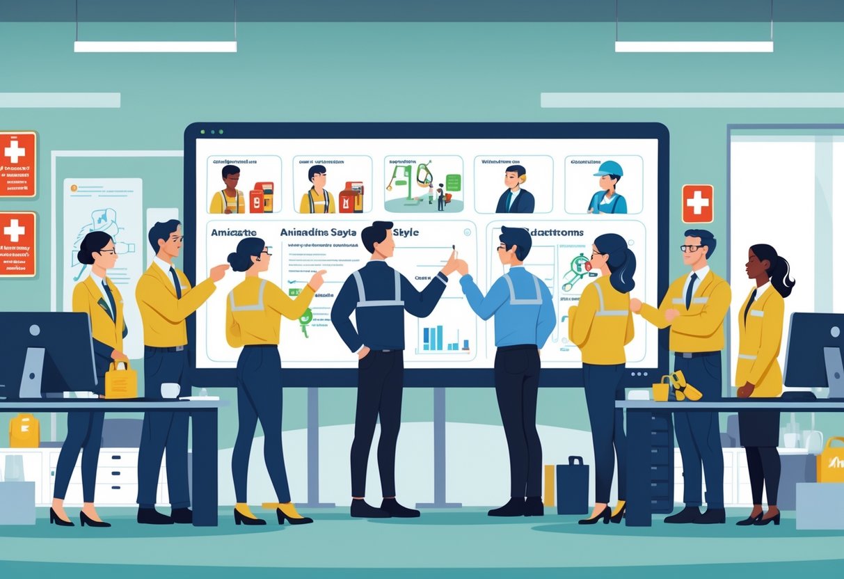A group of office workers and health and safety professionals discussing different animation styles on a large screen in a modern workplace.