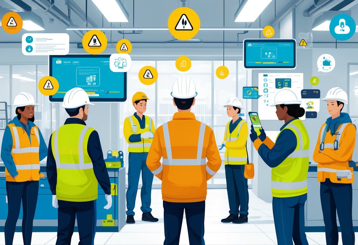 A modern workplace with employees wearing safety gear surrounded by digital safety animations and holographic safety instructions.