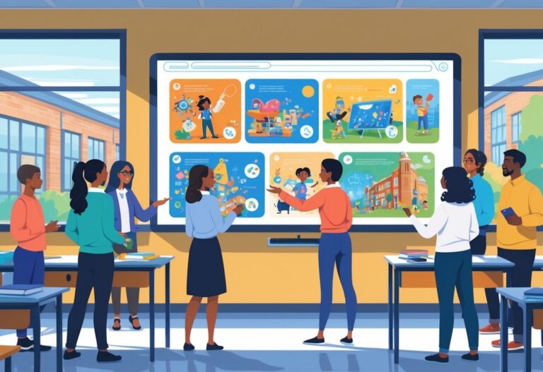 Teachers in a classroom discussing animated educational videos displayed on a large screen, with school elements and UK architecture visible.