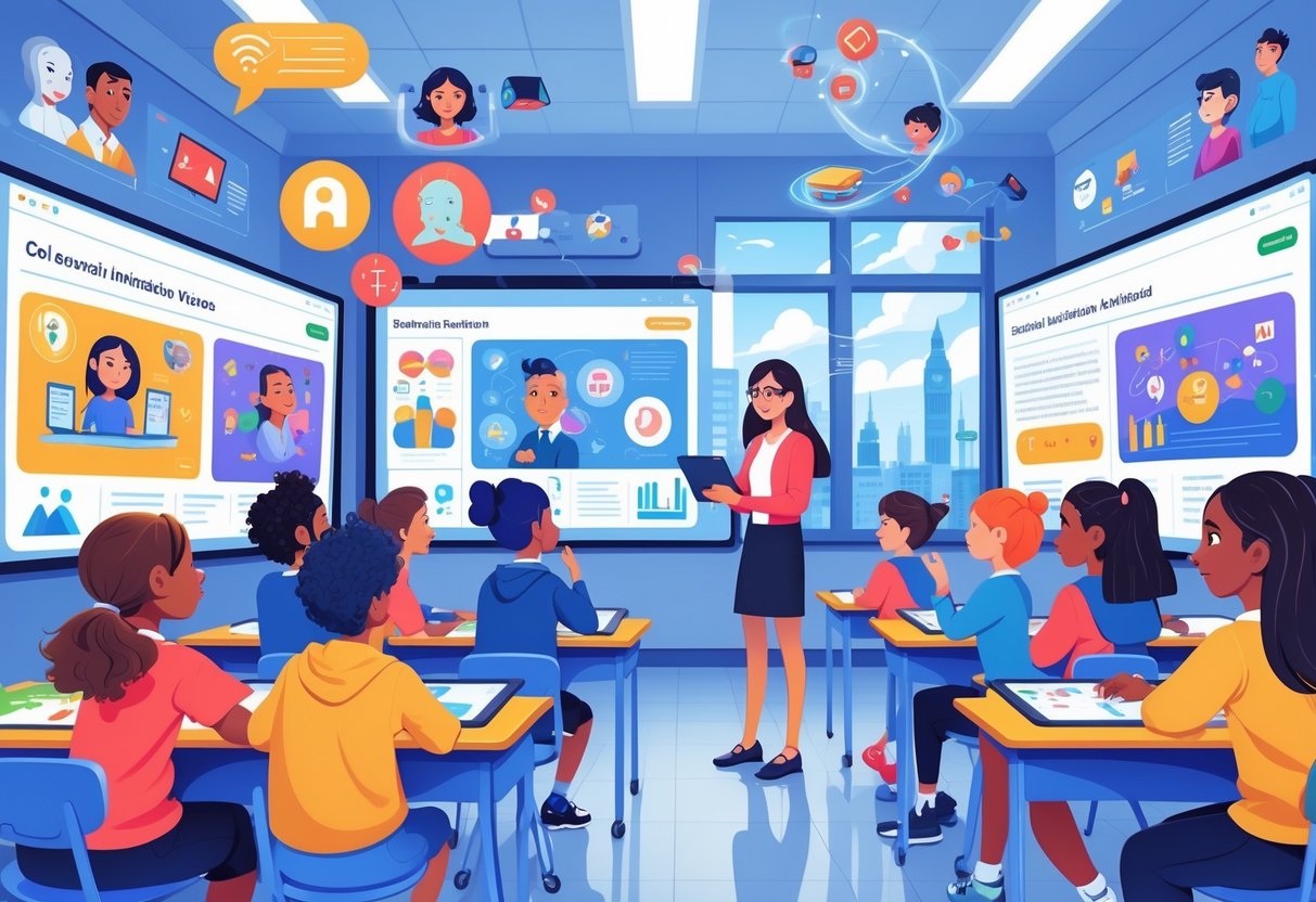 A modern classroom with students interacting with large digital screens showing animated educational content, guided by a teacher using a tablet, with a cityscape visible outside the window.