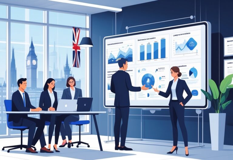 A group of legal professionals working together in a modern office with digital charts and UK landmarks visible through a window.