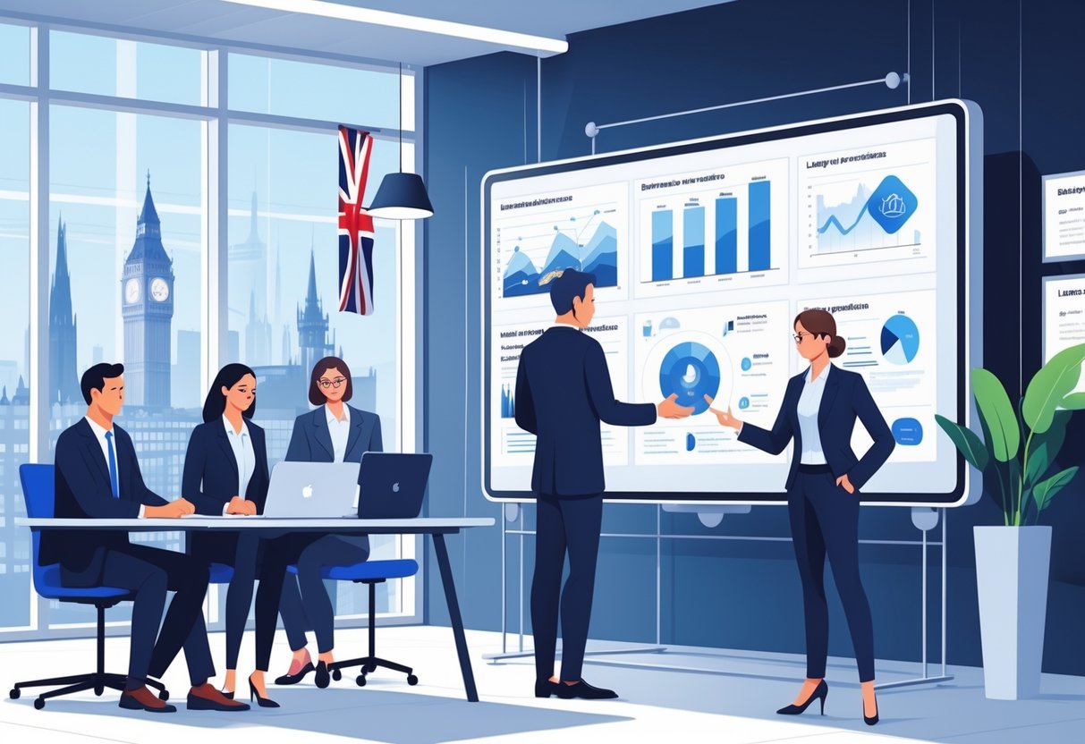 A group of legal professionals working together in a modern office with digital charts and UK landmarks visible through a window.