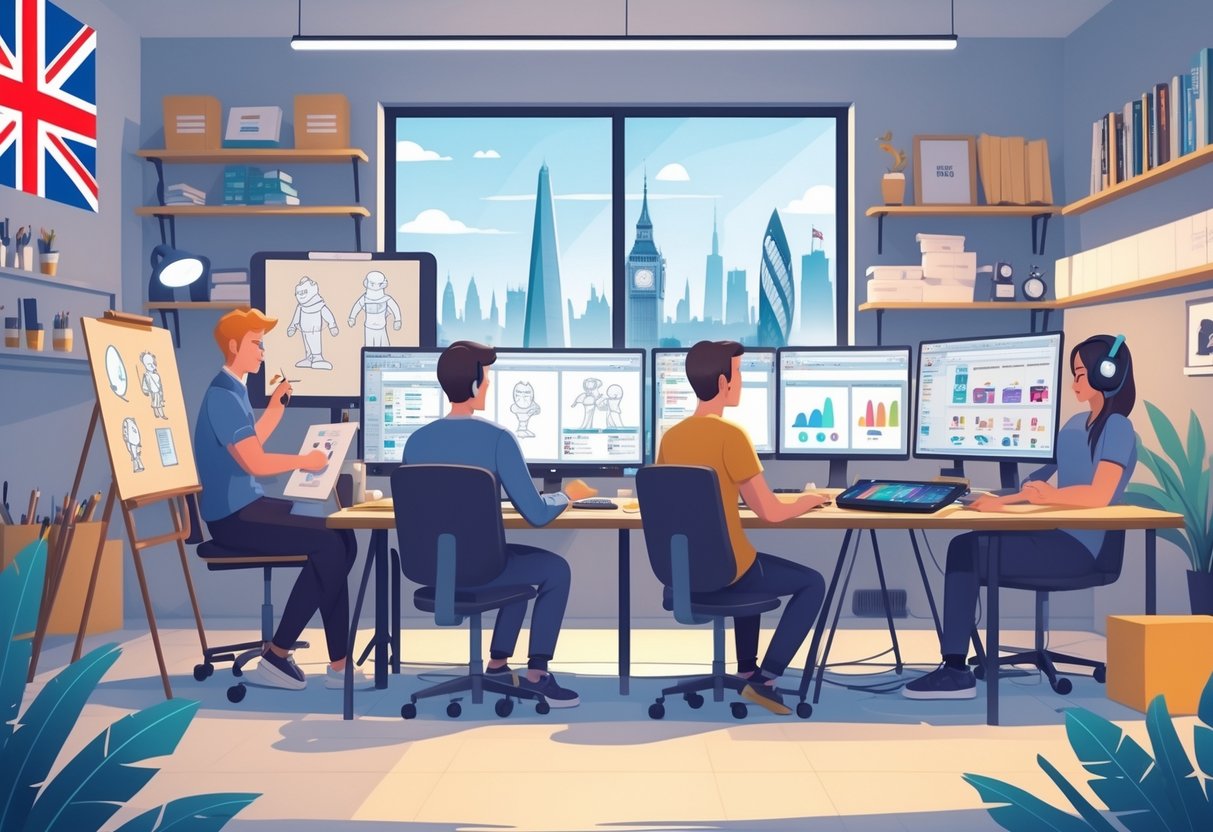 A creative studio showing a team of animators and designers working together on different stages of animation production, including storyboarding, character design, animation, and sound mixing, with retail products and UK-themed elements in the background.