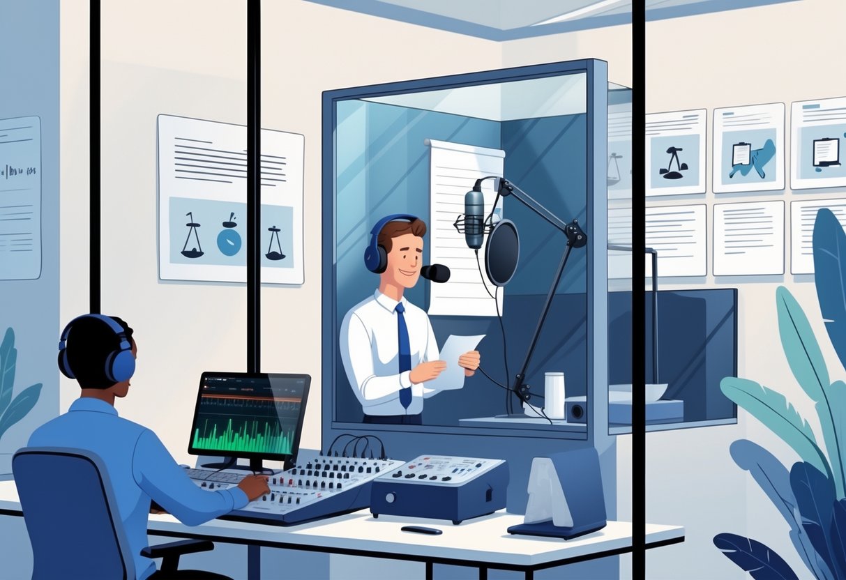 A recording studio where a sound engineer adjusts audio equipment while a voice actor records in a soundproof booth, with legal-themed elements visible around the room.