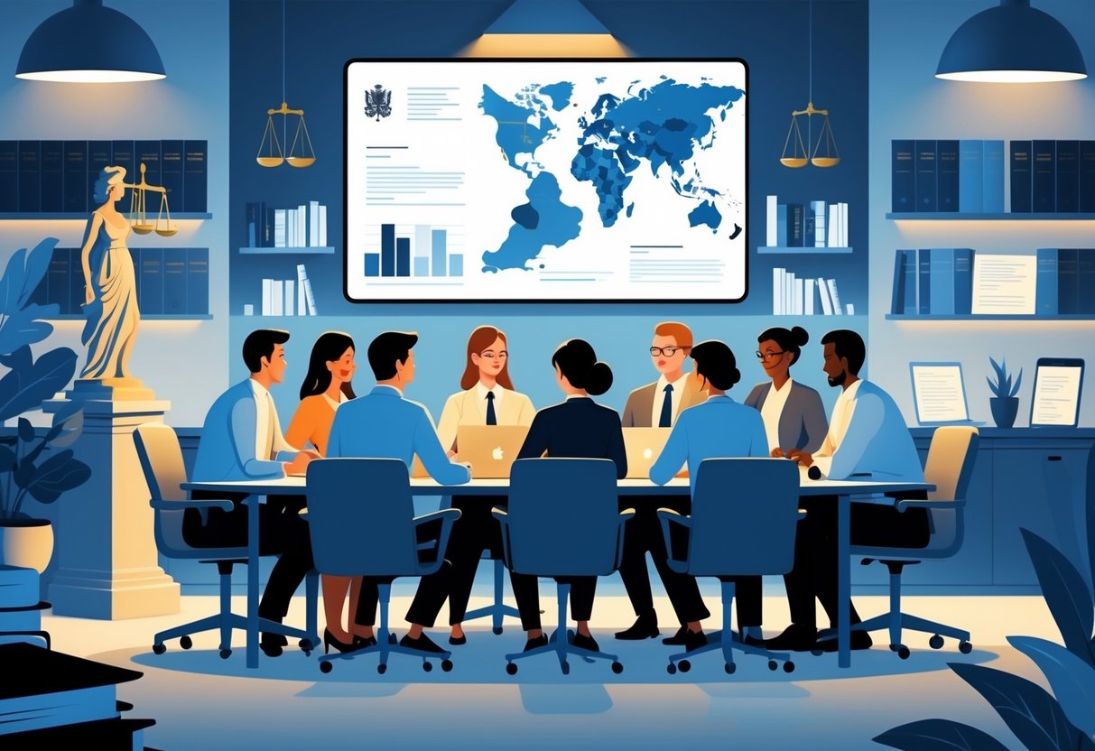 A group of people discussing legal matters around a conference table with legal symbols and a digital map of the UK in the background.