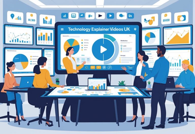 A team of professionals working together in a modern office with digital screens showing charts, video thumbnails, and a UK map, planning marketing strategies for technology explainer videos.