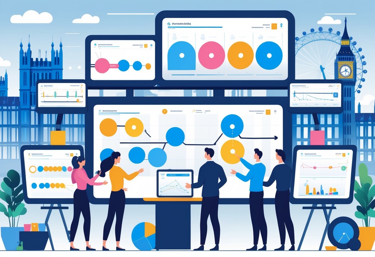 A group of professionals working together in an office with digital screens showing animation workflows, with UK landmarks visible in the background.