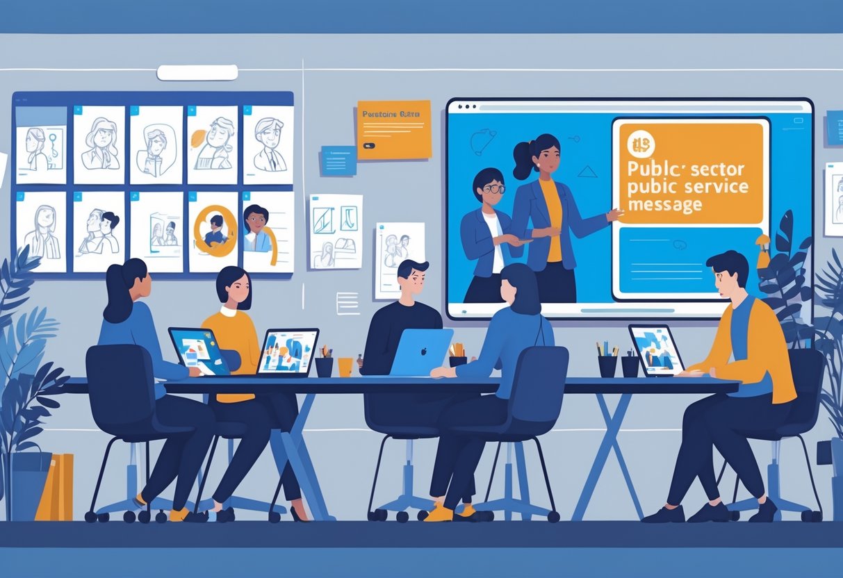 A team of people working together on animation storyboards and digital devices in an office with UK symbols in the background.