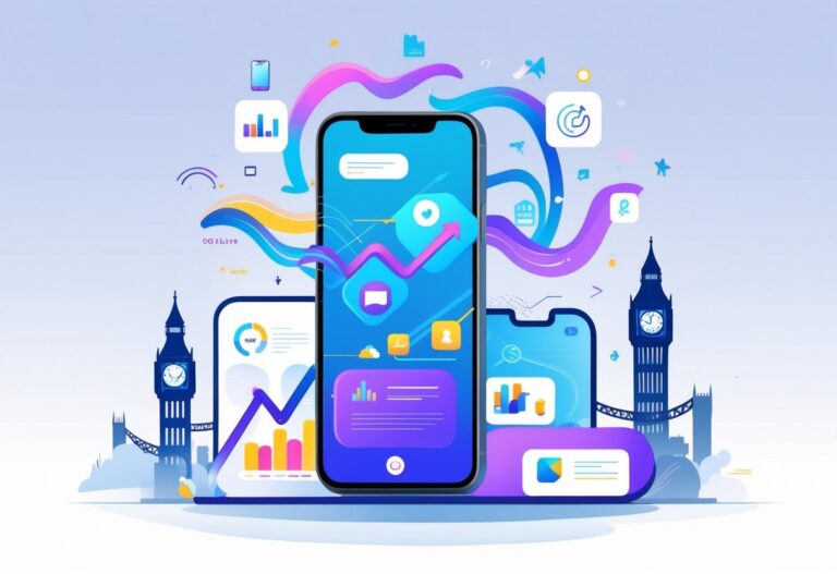A smartphone surrounded by animated digital icons and outlines of UK landmarks representing app launch benefits.