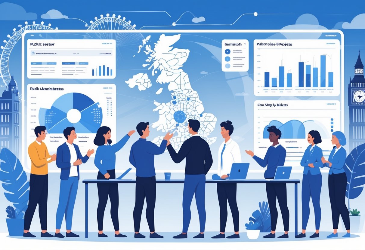 A group of people collaborating around digital screens showing maps and data about the UK, with UK landmarks in the background.