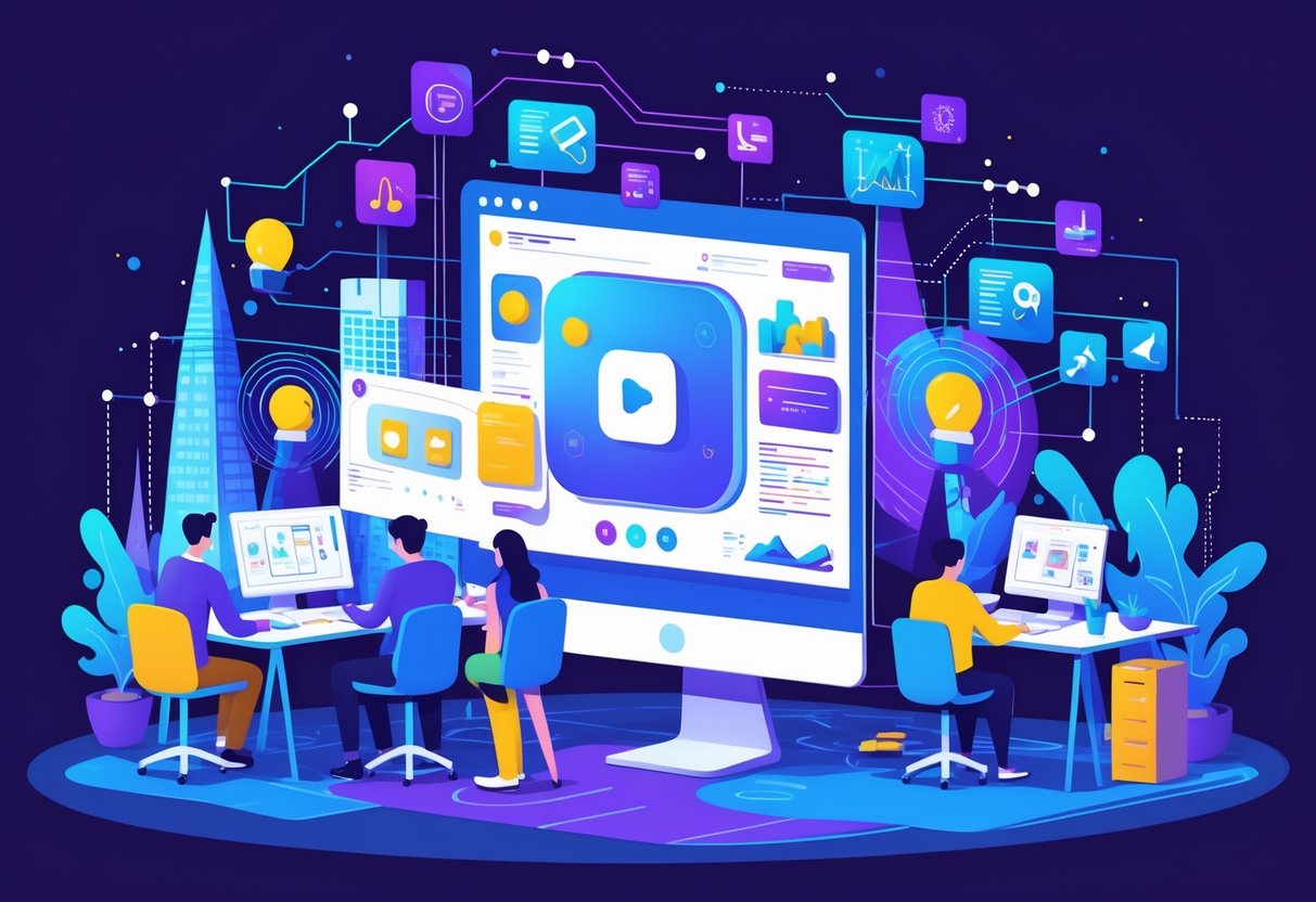 A group of creative professionals collaborating in a studio with a large screen displaying an app launch animation, set against a background featuring the London skyline and digital design elements.