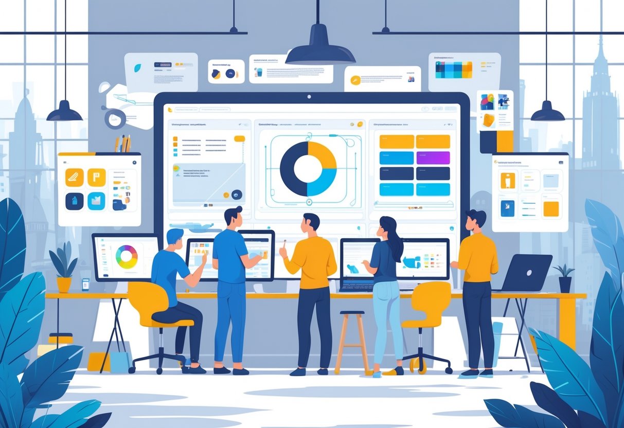 A group of designers working together in a bright office, developing animation concepts for an app launch with screens and sketches around them.