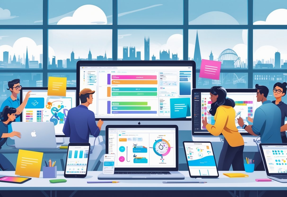 A group of creative professionals working together at a desk with digital devices showing animation software and platform diagrams, with a city skyline visible through a window in the background.