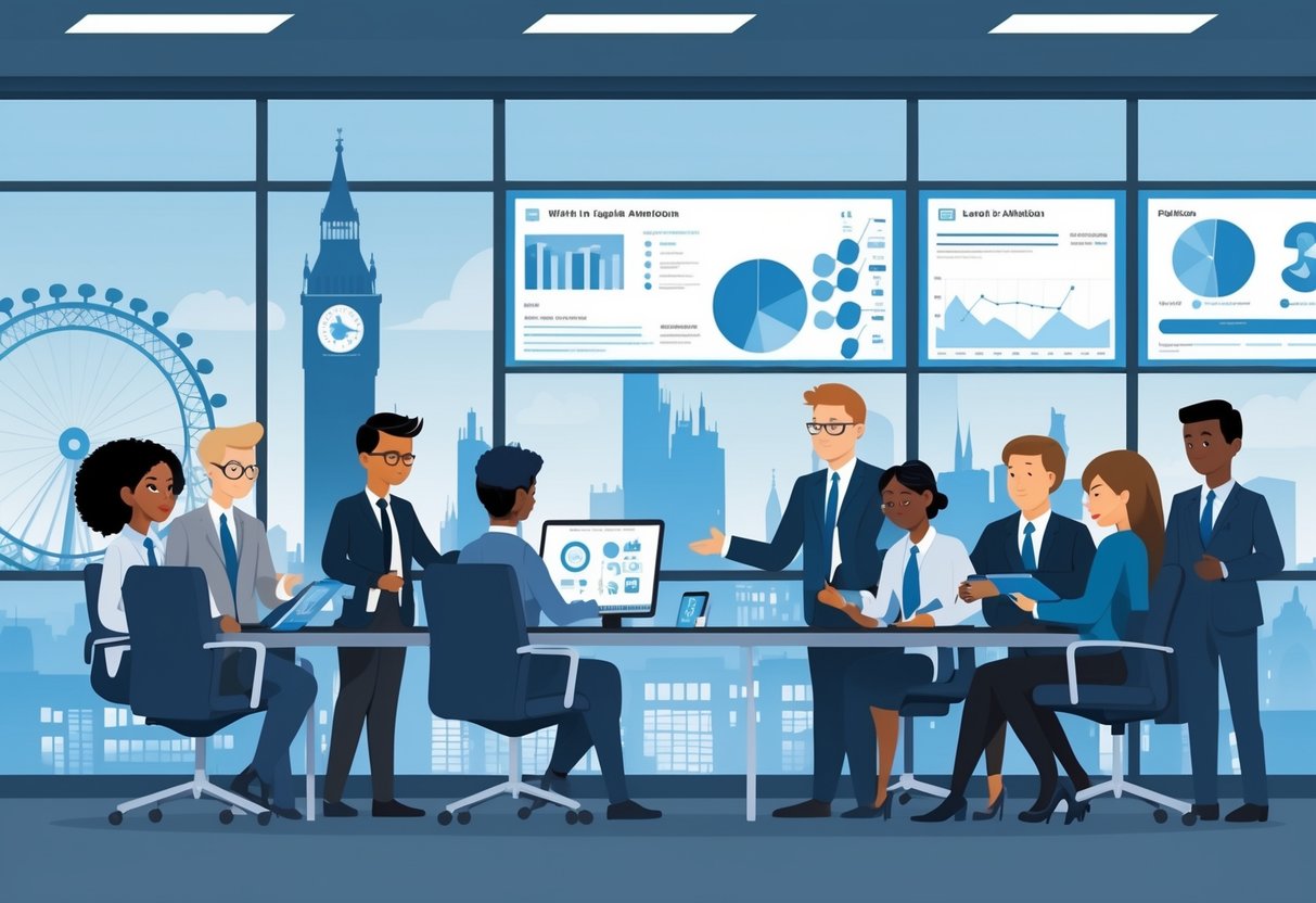 A group of diverse people working together in a modern office with digital screens and a cityscape featuring UK landmarks in the background.
