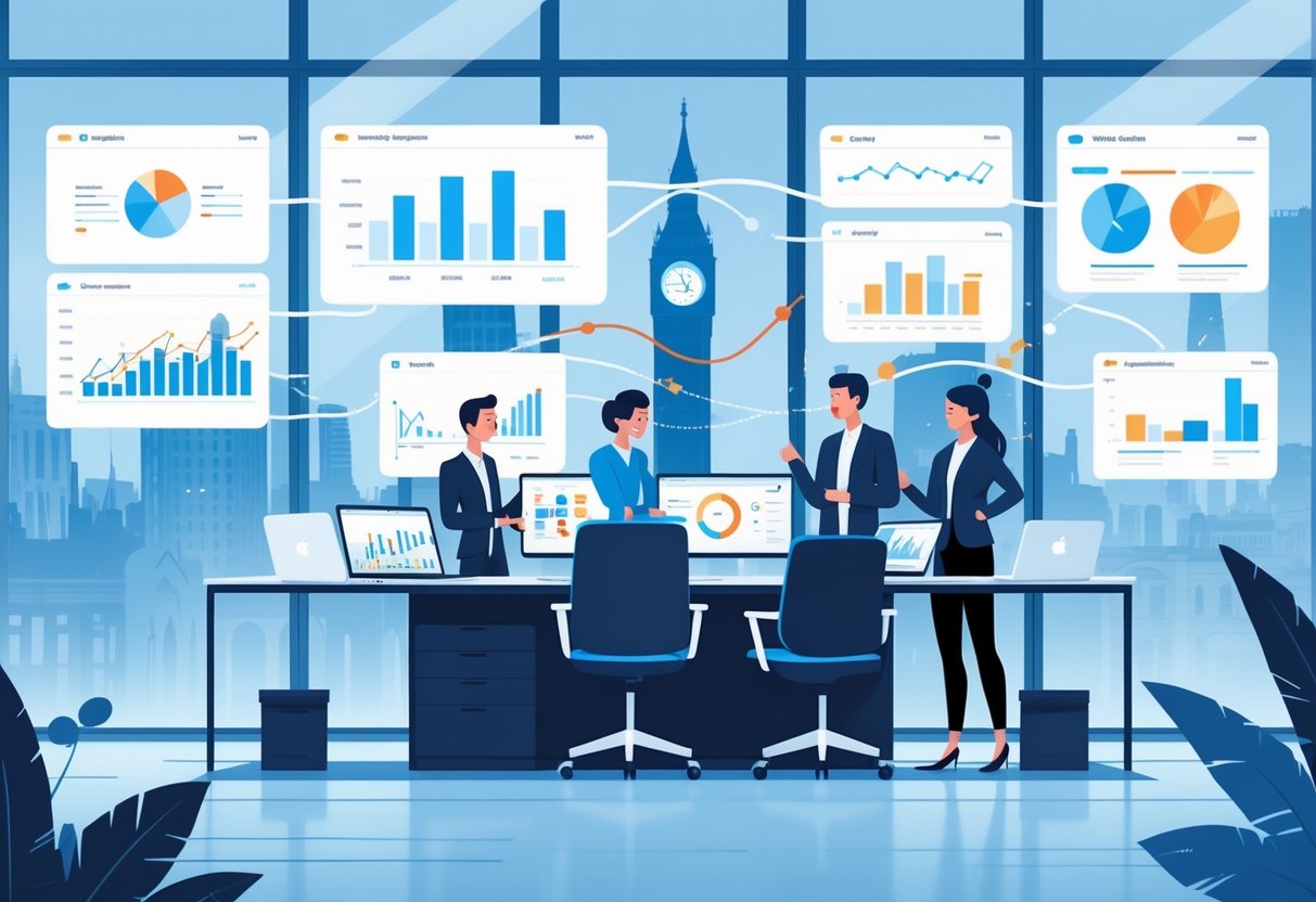 A team of professionals working with animated data charts and app interfaces in an office with UK landmarks visible through the windows.