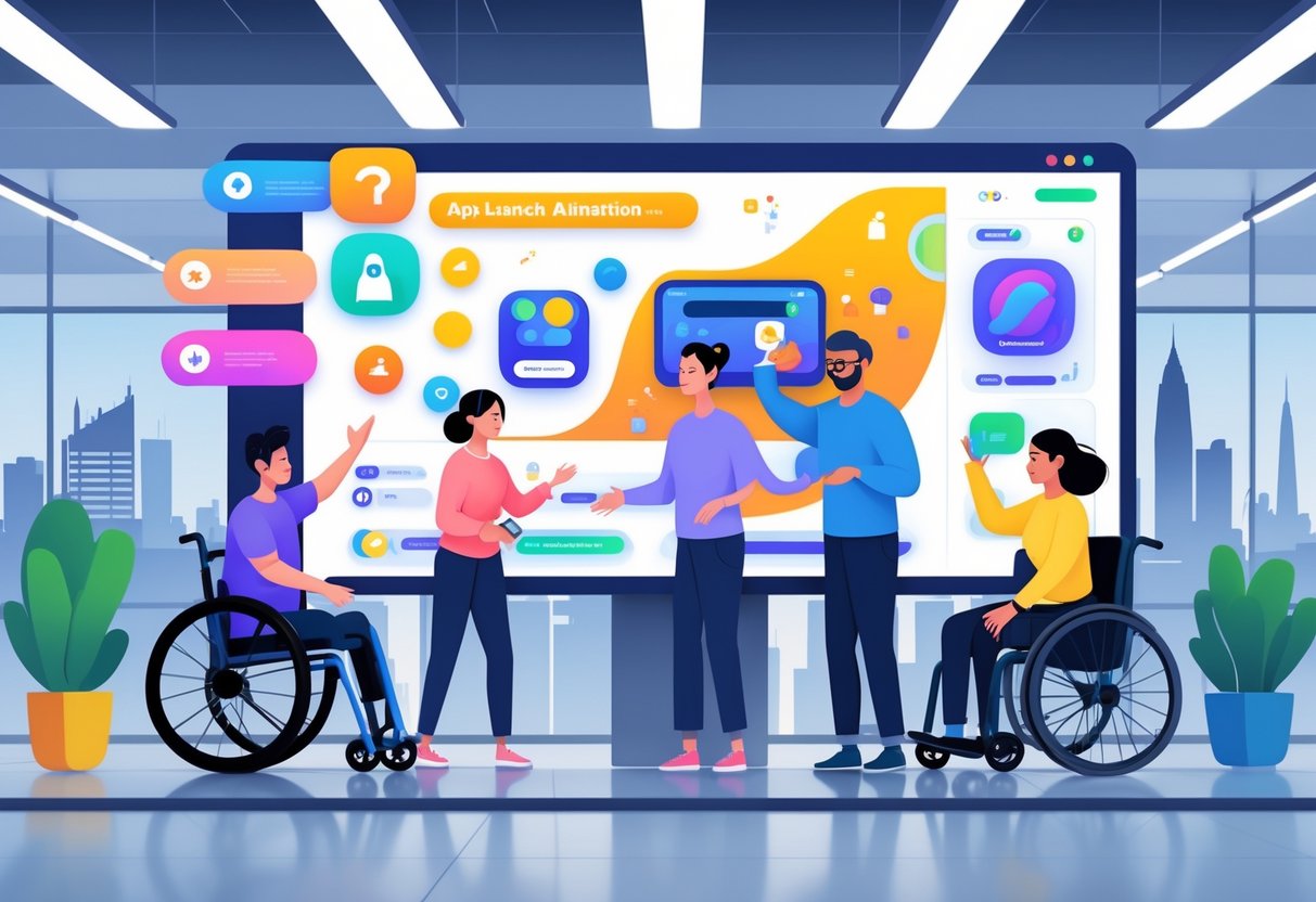 Diverse group of people with different abilities interacting with a large digital screen showing an animated app launch in a modern office setting.