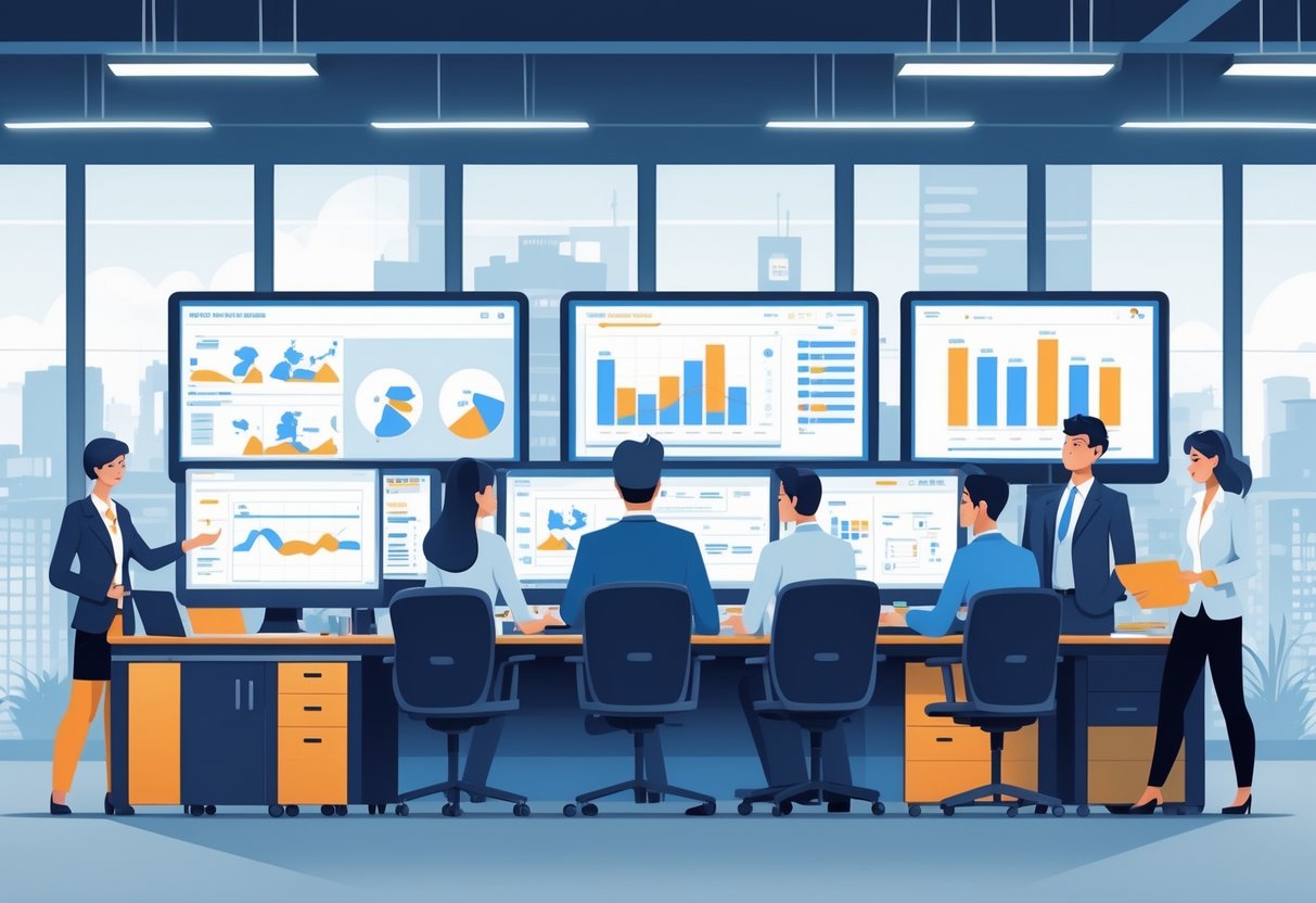 A group of professionals collaborating around a desk with computers and animation tools, with a cityscape visible through windows in the background.