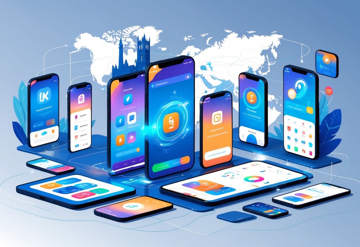 Multiple mobile devices displaying animated app launches representing different app categories with a subtle UK background.