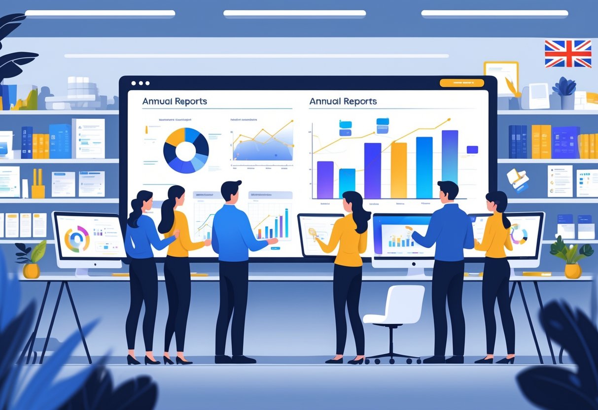 A group of professionals working together around a digital screen showing animated charts and graphs in an office with UK-themed decor.