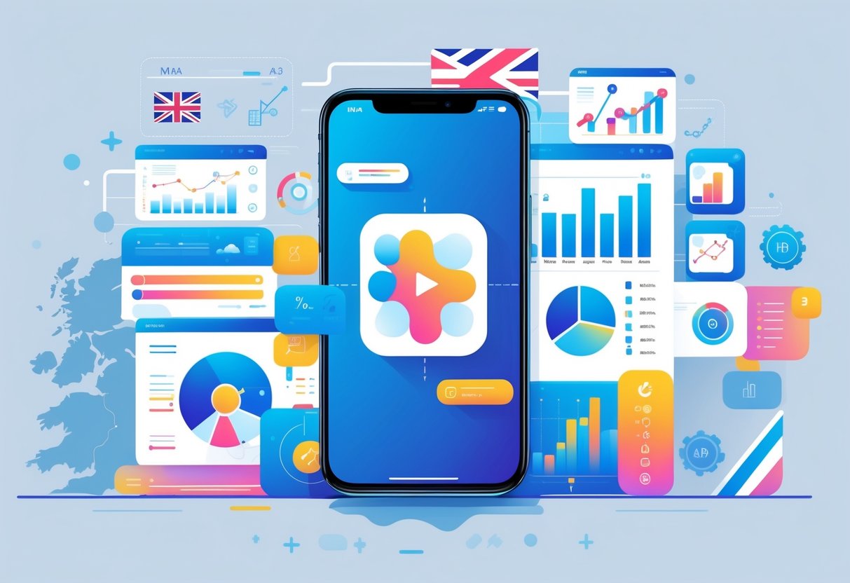 A smartphone displaying a colourful app launch animation surrounded by charts and data icons with a subtle UK map in the background.