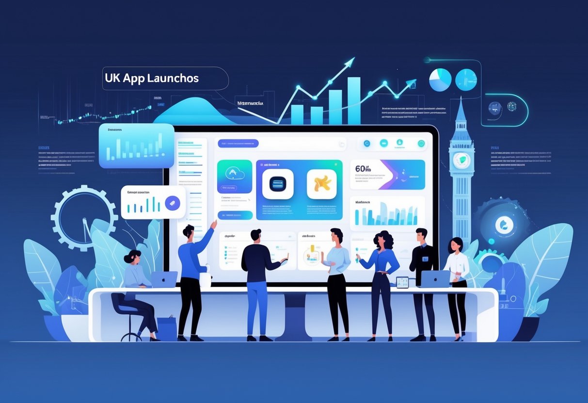 A modern workspace with professionals collaborating around a digital screen showing animated app interfaces, with subtle UK landmarks in the background.
