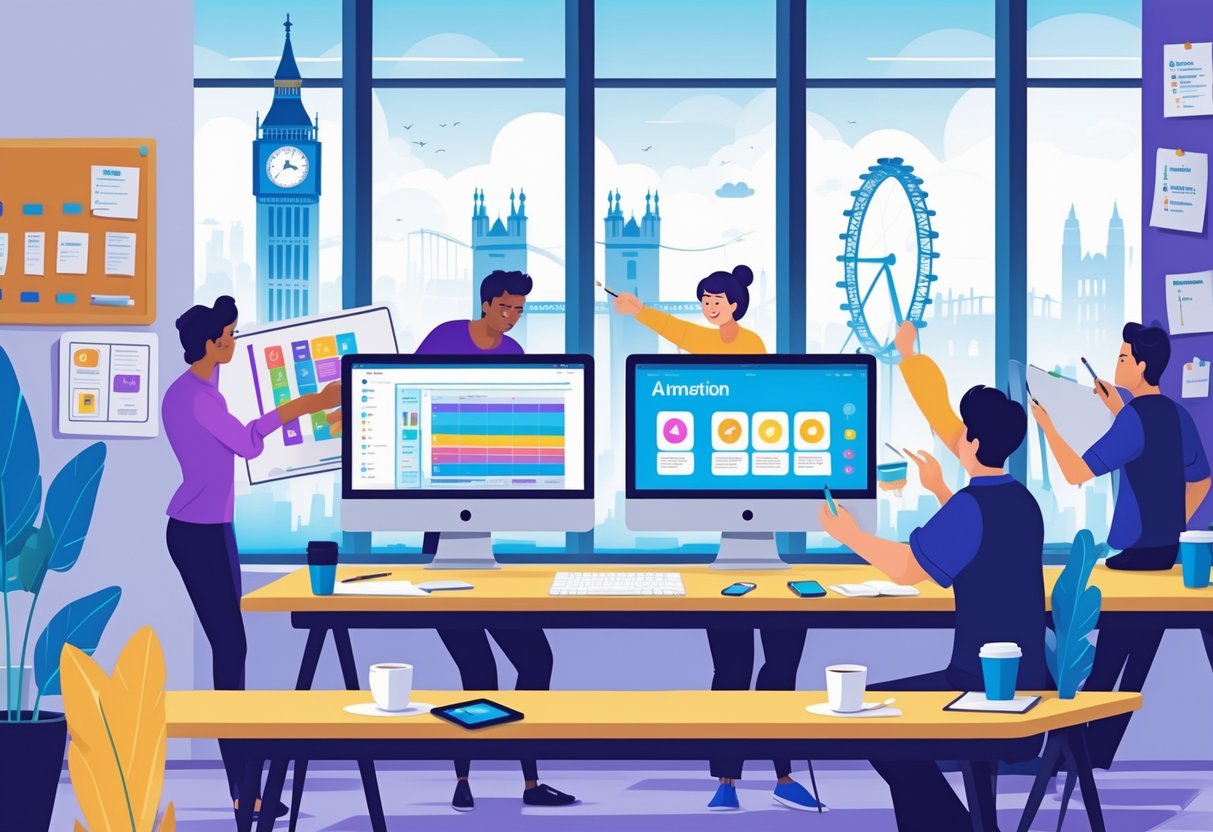 A team working together at a desk with computer screens showing app animations, with a city view featuring UK landmarks in the background.