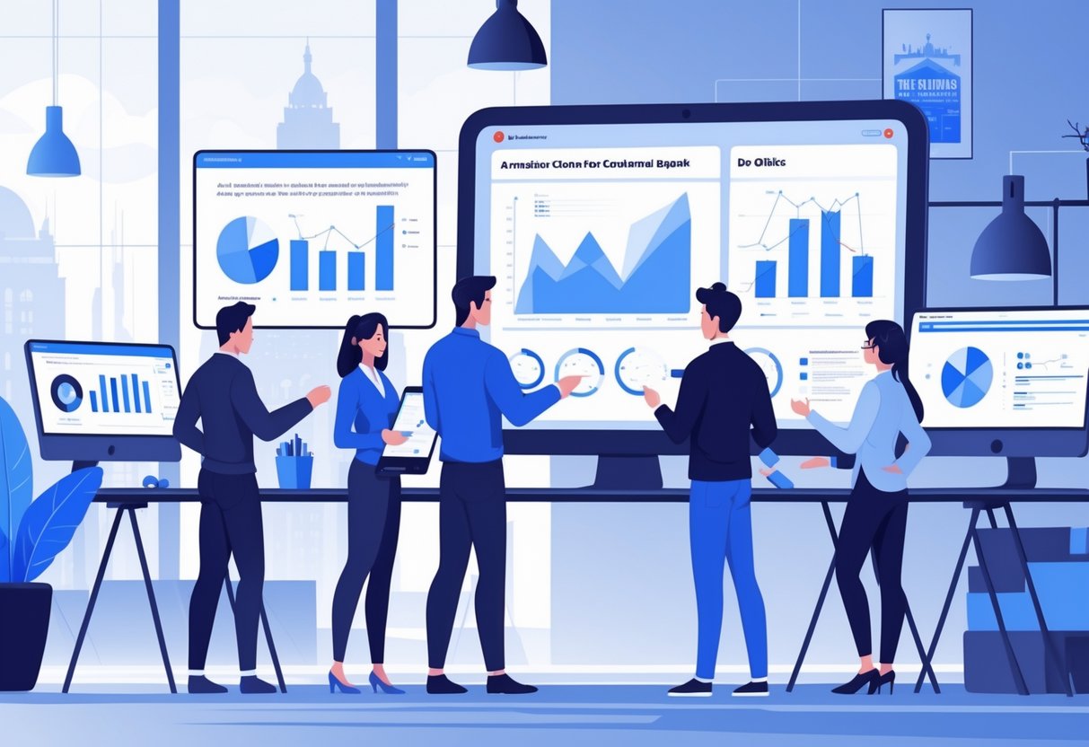 A team of professionals working together in an office with digital screens showing animated charts and graphs, with subtle UK-themed elements in the background.