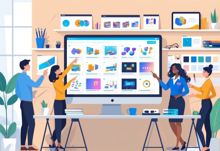 A group of professionals discussing animation styles at a desk with a computer showing different animation options in a modern office setting.