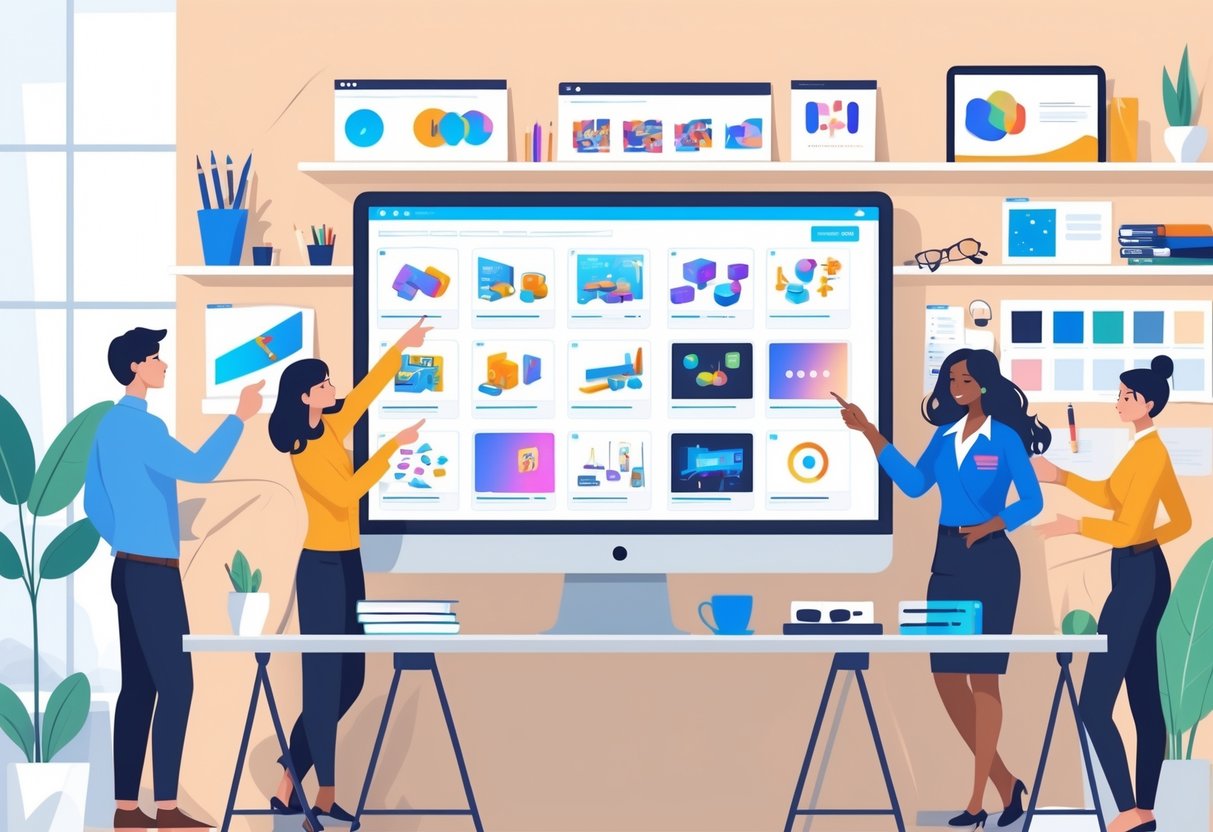 A group of professionals discussing animation styles at a desk with a computer showing different animation options in a modern office setting.