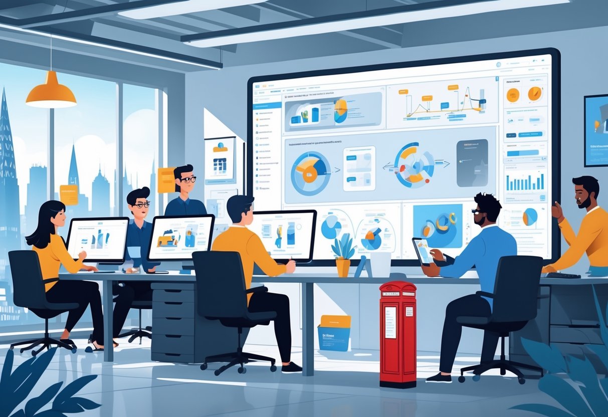 A team of creative professionals collaborating in an office with digital screens showing animated product prototypes, with British landmarks visible in the background.